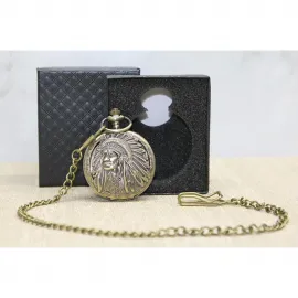 Özel Kutulu Antik Kızılderili Şefi Figürlü Vintage Köstekli Cep Saati - Erkeklere Özgün Hediye