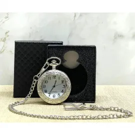 Vintage Gümüş Kaplama Oymalı Köstekli Cep Saati | Özel Hediye Kutulu Şık Tasarım