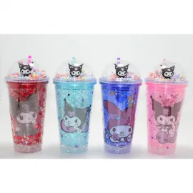 Sevimli Kuromi Işıltılı Pipetli Çift Katmanlı Suluk & Soğuk İçecek Bardağı 400 ml