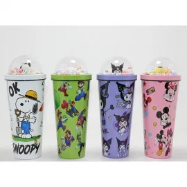 Karakterli Pipetli İçecek Termosu – Snoopy, Mario, Kuromi, Mickey Temalı Şeffaf Kubbeli Suluk