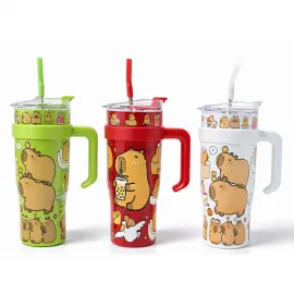 Sevimli Kapibara Temalı Pipetli Termos ve Suluk Kupa | Taşınabilir İçecek Bardağı