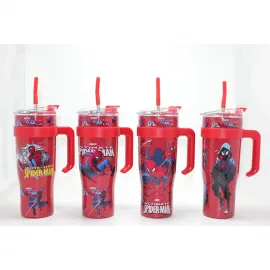 Marvel Spiderman Temalı Pipetli Termos ve Suluk - Çocuklar İçin Kırmızı Paslanmaz Çelik Şişe