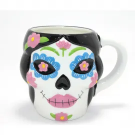 Meksika Geleneksel Day Of The Dead Şeker Kurukafa Tasarımlı 3D Seramik Kupa Bardak