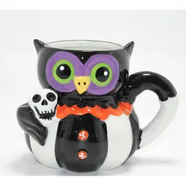 Cadılar Bayramı Temalı Siyah Baykuş ve Kurukafa Figürlü Seramik Kupa Bardak