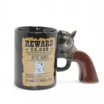 Vahşi Batı Jesse James Wanted İlanlı Tabanca Kulp Tasarımlı Siyah Porselen Kupa Bardak