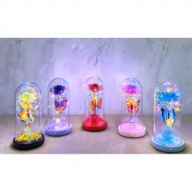 Işıklı Müzikli Romantik Sonsuz Aşk Kelebekli Fanus Gül Dekoratif Obje Gece Lambası