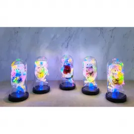 Işıklı Müzikli Fanus: Sevimli Ayıcık ve Renkli Güllerle Romantik Dekoratif Obje Hediye