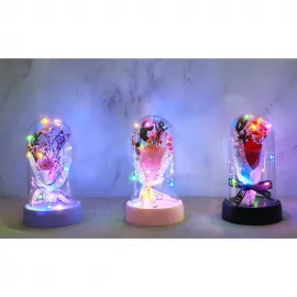 Romantik LED Işıklı Müzikli Cam Fanus İçinde Solmayan Gül Buketi - Özel Anlar İçin Dekoratif Hediye