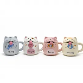 Benzersiz Sevimli Kedi Figürlü 3D Kapaklı Kaşıklı Porselen Kupa Bardak