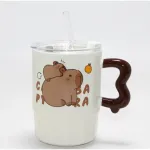 Sevimli Kapibara & Yavrulu Kapaklı Pipetli Porselen Kupa Bardak - Özel Tasarım