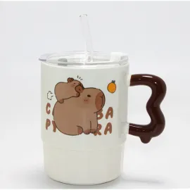 Sevimli Kapibara & Yavrulu Kapaklı Pipetli Porselen Kupa Bardak - Özel Tasarım