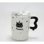 Sevimli Parti Şapkalı Kedi Figürlü Pipetli Kapaklı Porselen Kupa Bardak