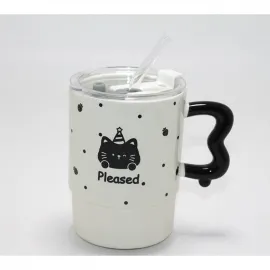 Sevimli Parti Şapkalı Kedi Figürlü Pipetli Kapaklı Porselen Kupa Bardak