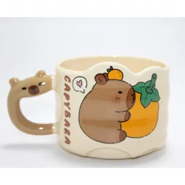 Sevimli Capybara Figürlü Mandalina Temalı Yayvan Tasarım Porselen Kupa Bardak