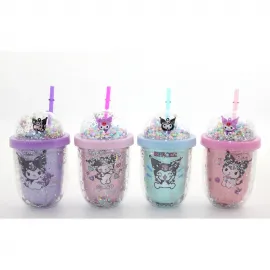 Sanrio Kuromi Figürlü Pipetli Kapaklı Renkli Glitter Soğuk İçecek Kupa Bardağı