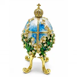 Swarovski Taşlı Lale Devri Temalı Mavi Beyaz Emaye Dekoratif Yumurta Biblo