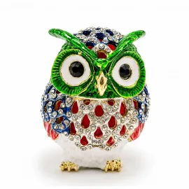 El Yapımı Swarovski Kristal Taşlı Göz Alıcı Renkli Baykuş Biblo ve Mücevher Kutusu - Özel Tasarım 6 Cm