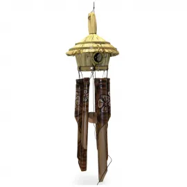 Otantik El Yapımı Hasır Kuş Yuvalı Bambu Rüzgar Çanı | Bahçe ve Balkon Dekorasyonu | Doğa Sesleri