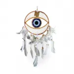 El Yapımı Nazar Boncuğu Desenli Beyaz Tüylü Dekoratif Rüya Kapanı Düş Kapanı Dream Catcher