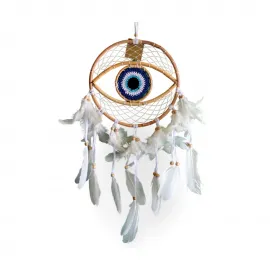 El Yapımı Nazar Boncuğu Desenli Beyaz Tüylü Dekoratif Rüya Kapanı Düş Kapanı Dream Catcher