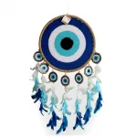 El Yapımı Nazar Boncuğu Temalı Dream Catcher Büyük Boy Düş Kapanı Mavi Beyaz Tüylü Duvar Dekoru