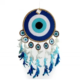 El Yapımı Nazar Boncuğu Temalı Dream Catcher Büyük Boy Düş Kapanı Mavi Beyaz Tüylü Duvar Dekoru