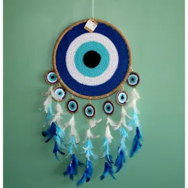 El Yapımı Nazar Boncuğu Temalı Dream Catcher Büyük Boy Düş Kapanı Mavi Beyaz Tüylü Duvar Dekoru