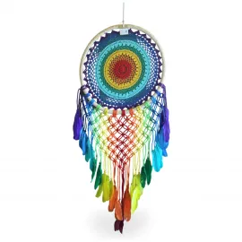 El Yapımı Gökkuşağı Makrome Düş Kapanı Rüya Kapanı | Canlı Renkli Tüylerle Dekoratif Dream Catcher