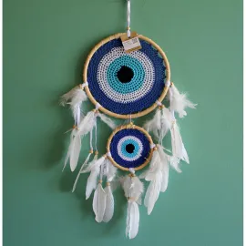 El Yapımı Nazar Boncuklu Düş Kapanı Rüya Kapanı | Otantik Mavi Beyaz Tüy Detaylı Duvar Dekoru