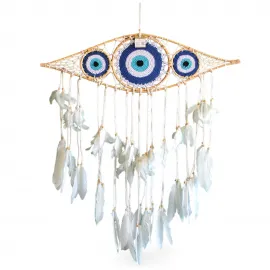 Büyük Boy El Yapımı Nazarlık Göz Tasarımlı Düş Kapanı | Beyaz Tüylü Rüya Kapanı Duvar Dekoru