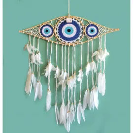 Büyük Boy El Yapımı Nazarlık Göz Tasarımlı Düş Kapanı | Beyaz Tüylü Rüya Kapanı Duvar Dekoru