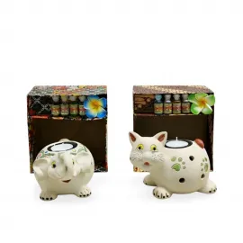 Dekoratif Seramik Fil & Kedi Temalı Buhurdanlık Tealight Mumluk Kutulu Koku Difüzörü