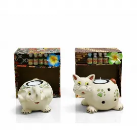 Dekoratif Seramik Fil & Kedi Temalı Buhurdanlık Tealight Mumluk Kutulu Koku Difüzörü