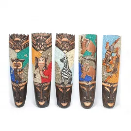 El Oyması Ahşap Kum İşlemeli Afrika Temalı Duvar Maskesi 50 cm – Etnik Dekoratif Sanat