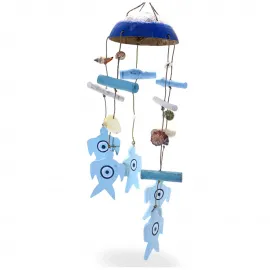 El Yapımı Deniz Temalı Mavi Ahşap Rüzgar Çanı | Kaplumbağa ve Deniz Kabuklu Dekoratif Obje