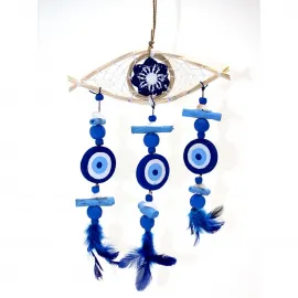 El Yapımı Ahşap Nazar Boncuğu Göz Rüzgar Çanı Duvar Süsü – Mavi Dekoratif Şans Getiren Obje