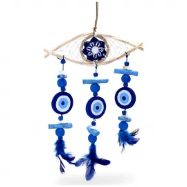 El Yapımı Ahşap Nazar Boncuğu Göz Rüzgar Çanı Duvar Süsü – Mavi Dekoratif Şans Getiren Obje