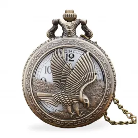 Antik Bronz Kartal Desenli Zincirli Köstekli Cep Saati - Özel Vintage Tarz Hediye