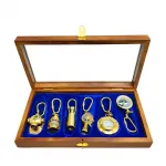 Lüks Ahşap Kutulu 6'lı Denizci Temalı Pirinç Anahtarlık Koleksiyonu - Dekoratif Set