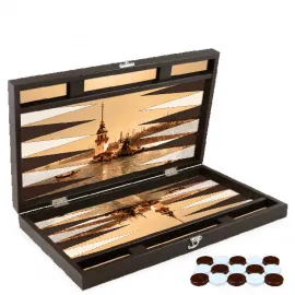 İstanbul Kızkulesi Temalı El Yapımı Lüks Ahşap Tavla Seti | Özel Tasarım Backgammon