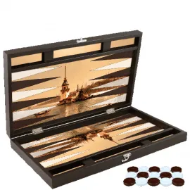 İstanbul Kızkulesi Temalı El Yapımı Lüks Ahşap Tavla Seti | Özel Tasarım Backgammon