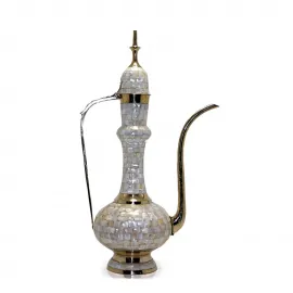 El Yapımı Pirinç Sedef Kakma İşlemeli Osmanlı Tarzı Dekoratif İbrik 55 cm Boyunda