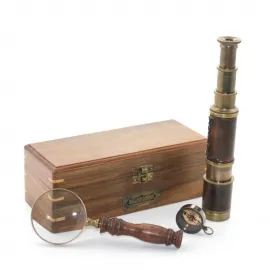 Vintage Pirinç Pusula, Dürbün, Büyüteç Seti, El Yapımı Ahşap Kutulu Dekoratif Hediye