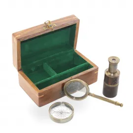 Nostaljik Temalı Ahşap Kutusunda Pirinç Pusula, Teleskop ve Büyüteç Keşif Seti