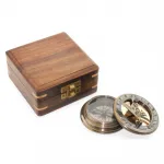 Nostaljik Ahşap Kutulu Antik Pirinç Pusula ve Güneş Saati Seti - Özel Hediye