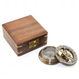 Nostaljik Ahşap Kutulu Antik Pirinç Pusula ve Güneş Saati Seti - Özel Hediye