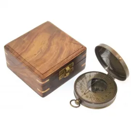 El Yapımı Ahşap Kutulu Antika Stil Pirinç Pusula | Dekoratif Masaüstü Seyahat Pusulası