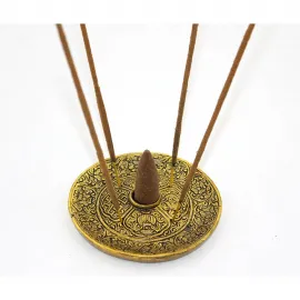 Antik Motifli Yuvarlak Metal Tütsülük & Buhurdanlık – Konik ve Çubuk Tütsü Stantı 9 Cm