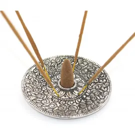 El İşçiliği Desenli Gümüş Renk Metal Yuvarlak Tütsülük - Koni ve Çubuk Tütsü İçin Dekoratif Buhurdanlık