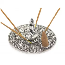 El İşçiliği Gümüş Görünümlü Metal Yuvarlak Buda Temalı Çubuk ve Koni Tütsülük Buhurdanlık Dekoratif Obje